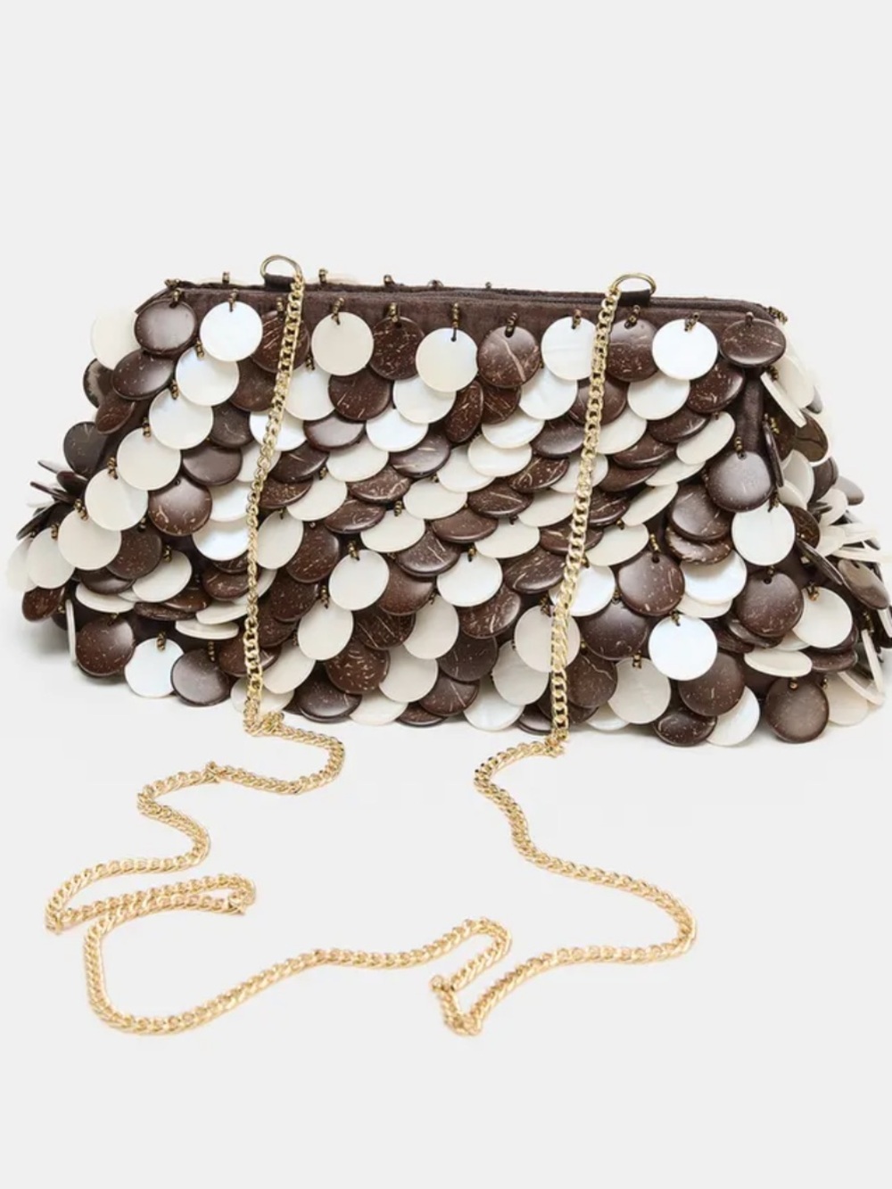 ZARA NWT Beaded Paillette Clutch Crossbody Bag Brown Ivory Chain Strap 6177/710